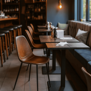 Super-Seat | Charlie Vintage Leren Kuipstoelen Cognackleurige leren kuipstoelen en donkere houten tafels bij een zachte, beklede bank. | Horecameubilair