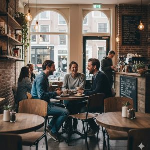 Super-Seat | Vanitas vintage schoolstoelen bruin | Bruine houten schoolstoelen en ronde tafel in café, omringd door planten en bakstenen muren. | Horecameubilair