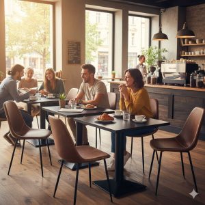 Super-Seat |Charlie vintage leren kuipstoelen cognac |Leren kuipstoelen in cognac kleur met houten tafels, grote ramen en houten vloer in café. | Horecameubilair