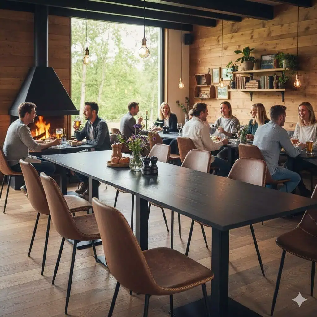 Super-Seat | Charlie vintage leren kuipstoelen cognac | Cognackleurige leren stoelen, houten tafels, barkrukken en veel planten in modern interieur. | Horecameubilair