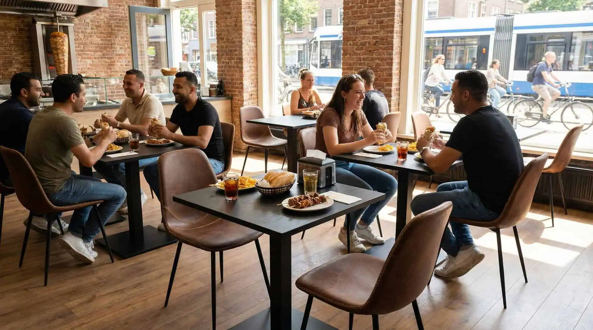 Super-Seat | Charlie vintage leren kuipstoelen cognac | Cognackleurige leren stoelen, houten tafels, grote ramen; relaxte restaurantsetting. | Horecameubilair