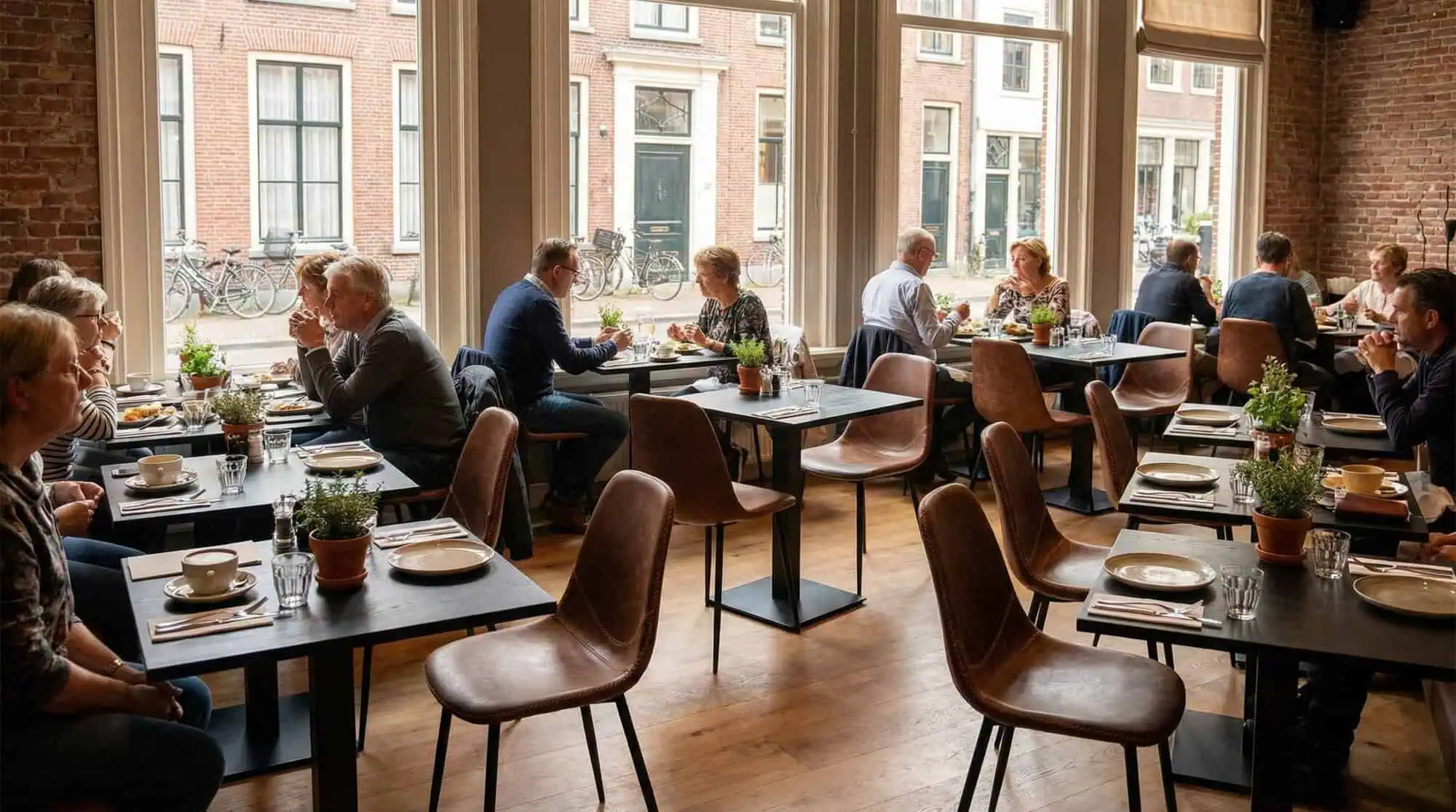 Super-Seat | Cognac leren kuipstoelen, houten tafels, barkrukken in knus restaurant met grote ramen. | Horecameubilair