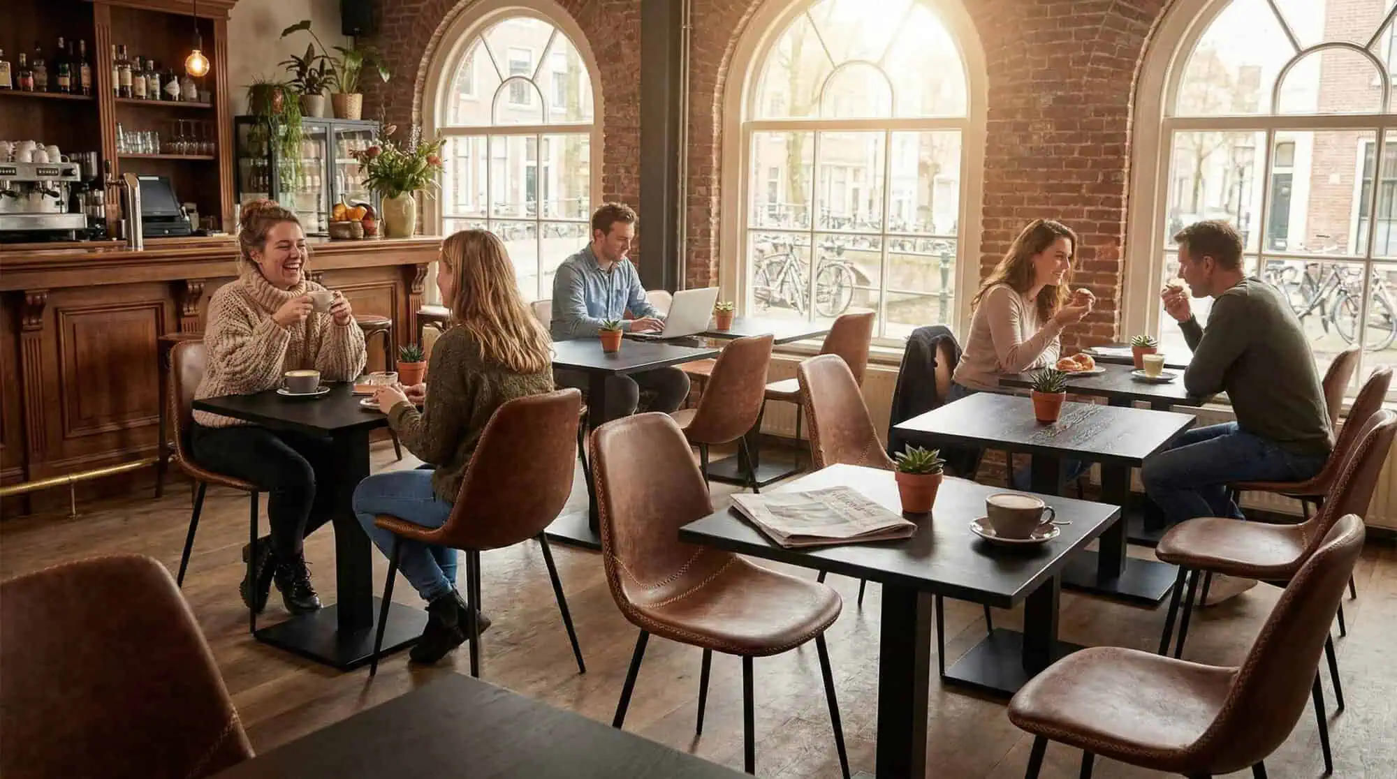 Super-Seat | Café Interieur Inspiratie | Cognac leren kuipstoelen, houten tafels en bakstenen muren in een knusse café-setting. | Horecameubilair