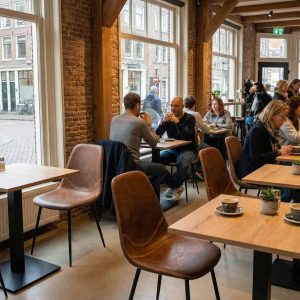 Super-Seat | Charlie vintage leren kuipstoelen cognac Leren stoelen in cognackleur, houten tafels, grote ramen en planten creëren een warme sfeer. | Horecameubilair