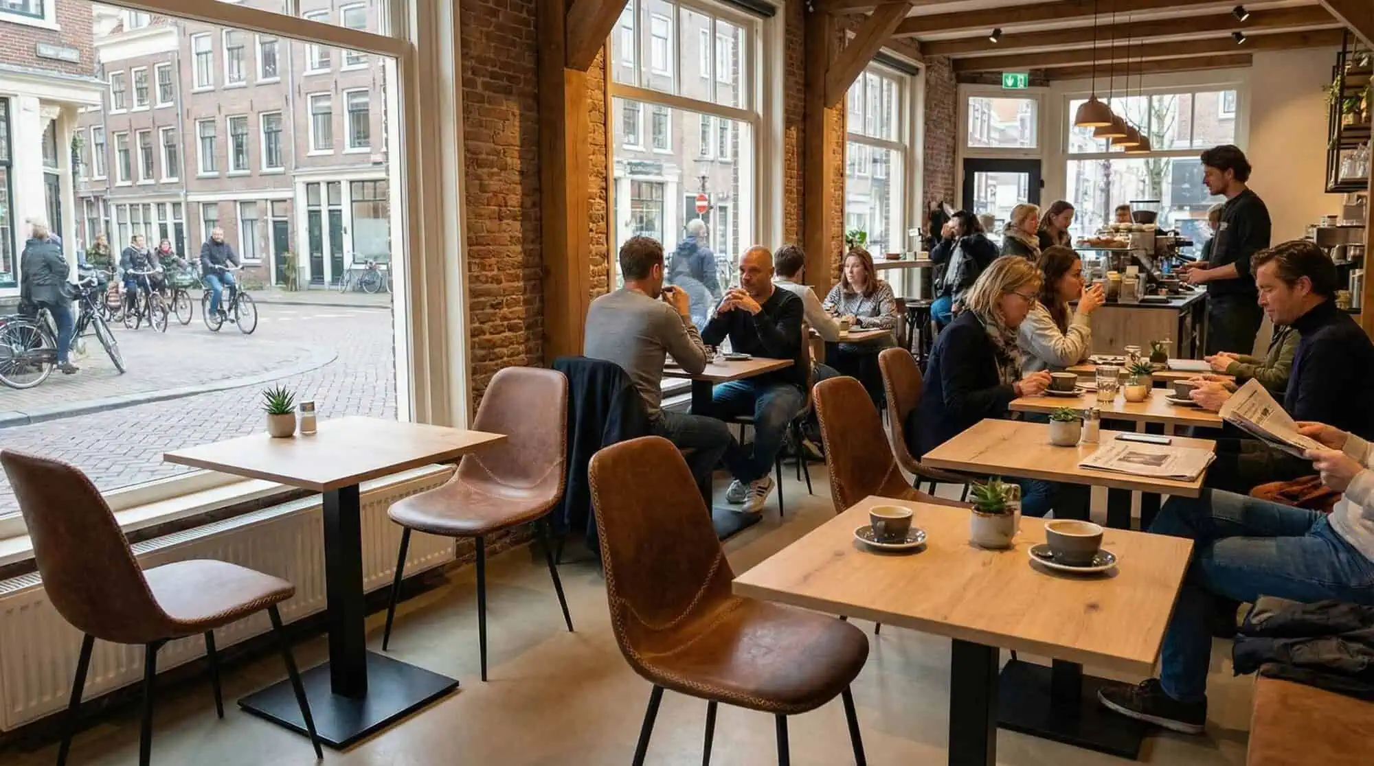 Super-Seat | Charlie vintage leren kuipstoelen cognac Leren stoelen in cognackleur, houten tafels, grote ramen en planten creëren een warme sfeer. | Horecameubilair