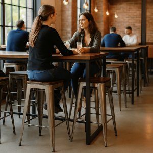 Super-Seat |Lix Barkrukken Metaal Vintage Hout|Metalen vintage Lix barkrukken met houten zitting aan hoge tafel, bakstenen muren, grote ramen. | Horecameubilair