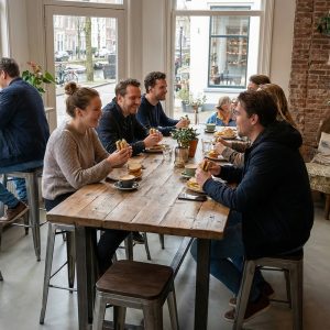 Super-Seat | Lix barkrukken metaal vintage hout | Metaal-houten barkrukken, houten tafels bij ramen; groenplanten; zicht op kanaal buiten. | Horecameubilair