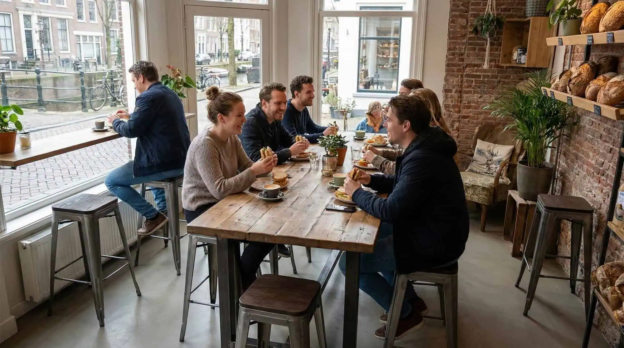 Super-Seat | Lix barkrukken metaal vintage hout | Metaal-houten barkrukken, houten tafels bij ramen; groenplanten; zicht op kanaal buiten. | Horecameubilair