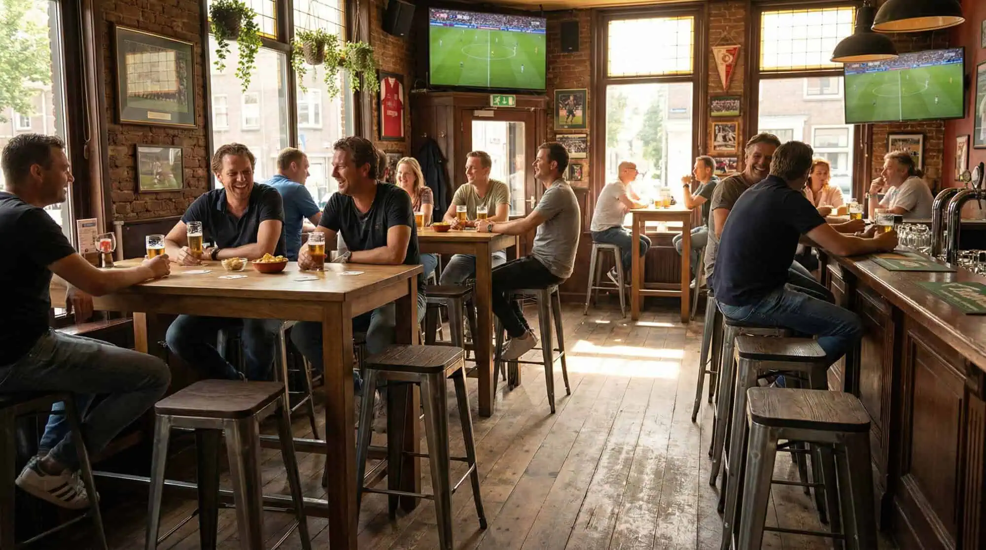 Super-Seat | Lix barkrukken en houten tafels | Metaal vintage barkrukken met houten zitting, houten tafels; pub vol licht en sportdecor. | Horecameubilair