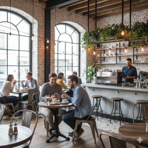 Super-Seat | Lix stoelen metaal vintage hout | Zwarte metalen Lix stoelen, vintage houten zittingen aan tafels in modern café met bakstenen. | Horecameubilair