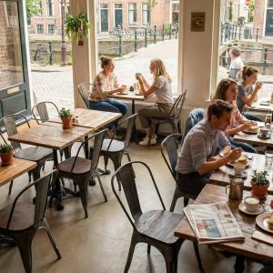 Super-Seat | Lix stoelen metaal vintage hout | Lichte, houten tafels en metalen stoelen, barkrukken en planten in gezellig café met ramen. | Horecameubilair