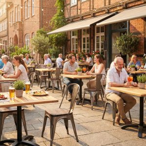 Super-Seat | Lix Stoelen Metaal Hout | Vintage metalen stoelen met houten zitting, tafels vol eten en drank op zonnig terras. | Horecameubilair