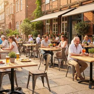 Super-Seat | Lix Stoelen Metaal Hout | Vintage metalen stoelen met houten zitting, tafels vol eten en drank op zonnig terras. | Horecameubilair
