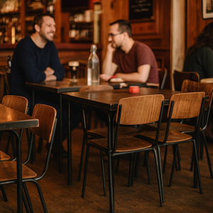 Super-Seat |Houten tafel met bruine stalen stoelen; glas en rood object op tafel in knus café. | Horecameubilair