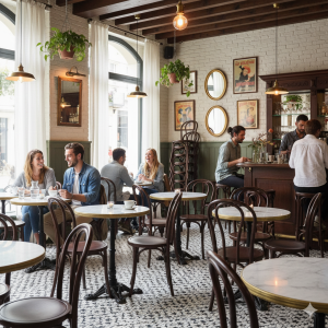 Super-Seat | Café Interieur | Je vindt hier metalen Lix stoelen met vintage hout, marmeren tafels, en patronen op de tegelvloer. | Horecameubilair