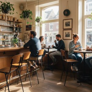 Super-Seat | Bruine leren Vanitas barkrukken, houten tafels, metalen stoelen, veel licht en planten. | Horecameubilair