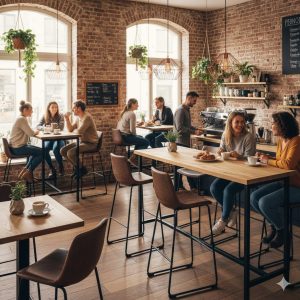 Super-Seat | Charlie vintage leren barkrukken cognac | Leren barkrukken in cognac, houten tafels, bakstenen muren en grote ramen in modern café. | Horecameubilair