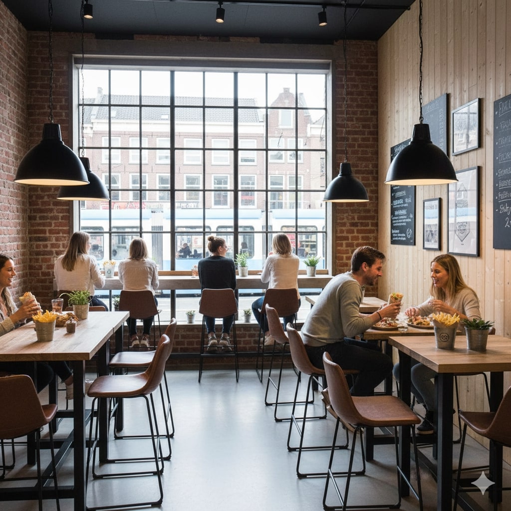 Super-Seat | Modern Café Interieur Bakstenen muren, houten tafels, cognac leren barkrukken en stoelen; gasten eten en praten. | Horecameubilair