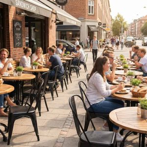 Super-Seat | Zwarte metalen Lix stapelstoelen en houten ronde tafels op zonnig terras, stadsdrukte. | Horecameubilair
