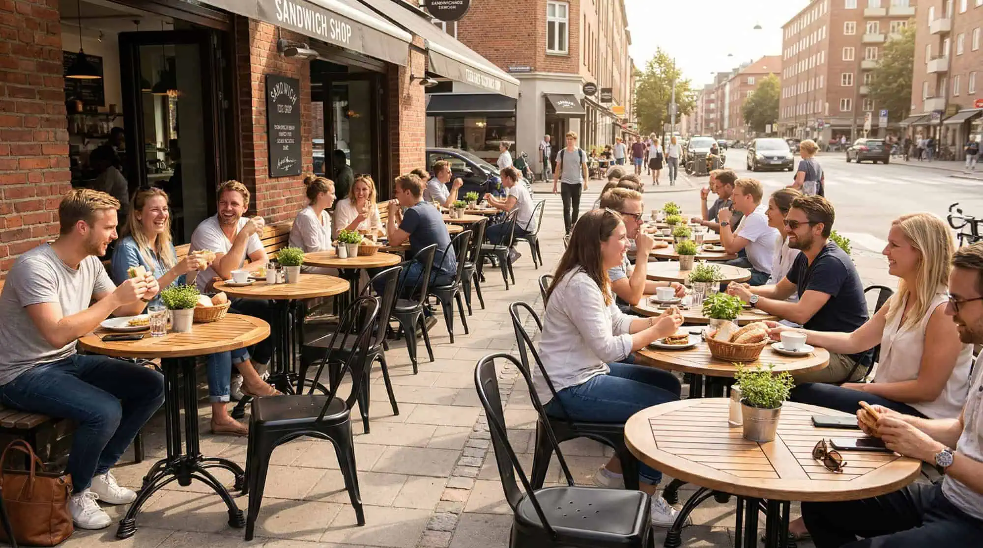 Super-Seat | Zwarte metalen Lix stapelstoelen en houten ronde tafels op zonnig terras, stadsdrukte. | Horecameubilair