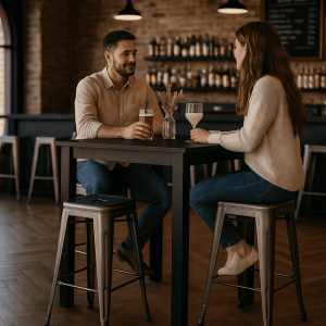 Super-Seat |Houten vloer, metalen vintage barkrukken Lix terras stijl aan hoge tafel, flessenrekken, modern barinterieur. | Horecameubilair