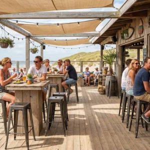 Super-Seat | Houten tafels, metalen vintage barkrukken; zand en zee op achtergrond, deels bewolkte lucht. | Horecameubilair