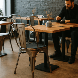Super-Seat |Vintage metalen Lix stoelen, houten tafels, grijze bakstenen muur, vaas met droogbloemen op tafel. | Horecameubilair