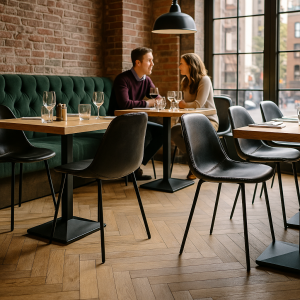 Super-Seat | Houten tafel, groene bank, metalen barkrukken, zwarte stoelen, bakstenen muur, lege wijnglazen. | Horecameubilair