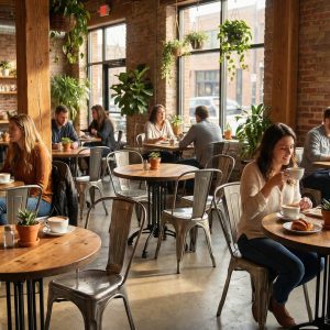 Super-Seat | Lix (terras) stapelstoelen vintage metaal bij houten tafels; lichte café, bakstenen muren, veel planten, stoer decor. | Horecameubilair