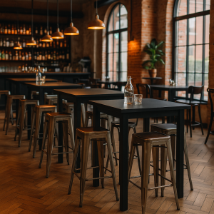 Super-Seat | Een moderne bar met zwart metalen barkrukken, houten vloer, glaswerk op tafels en grote ramen. | Horecameubilair