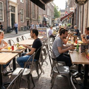 Super-Seat | Grijze metalen stapelstoelen en houten tafels buiten bij restaurant langs bakstenen panden, fietsen dichtbij. | Horecameubilair