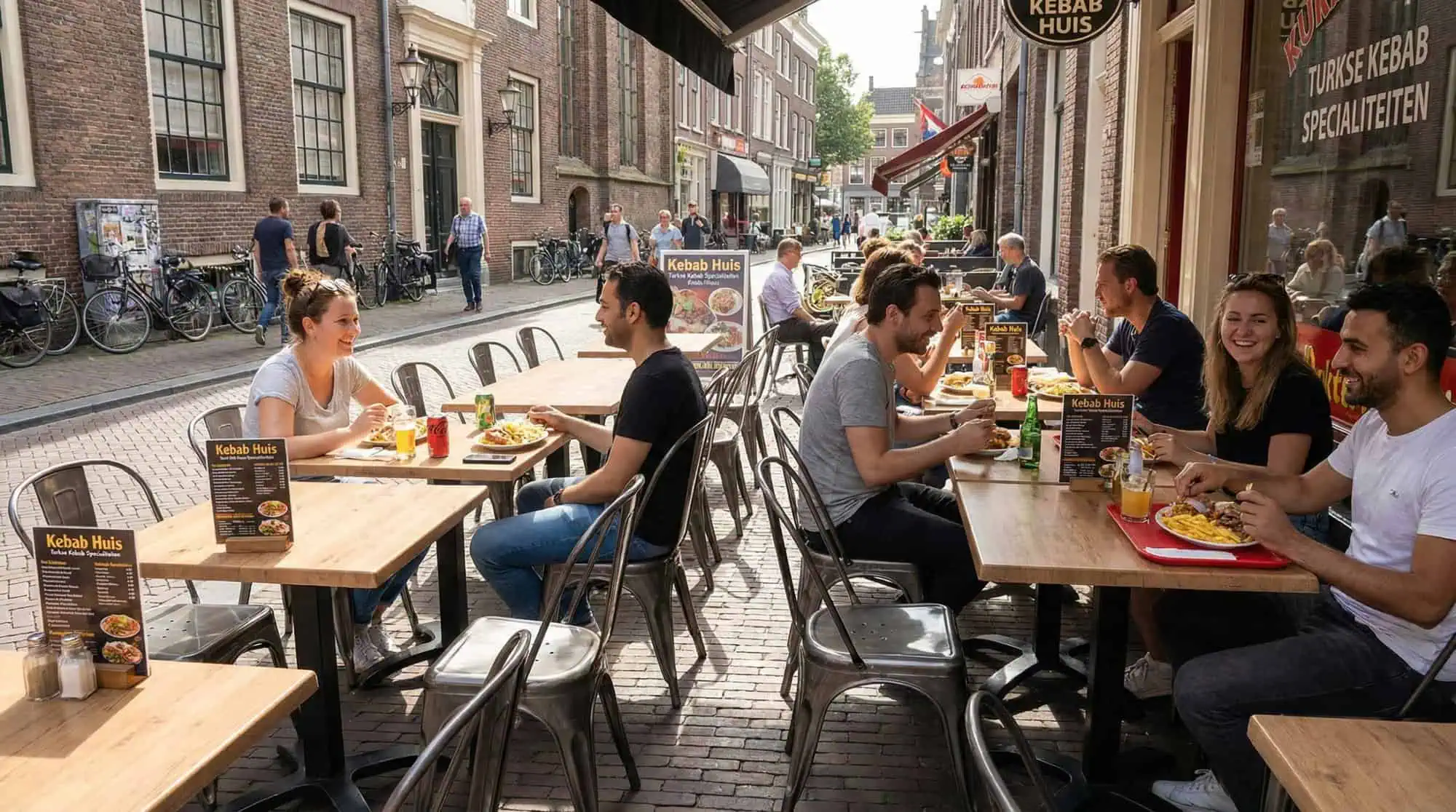 Super-Seat | Grijze metalen stapelstoelen en houten tafels buiten bij restaurant langs bakstenen panden, fietsen dichtbij. | Horecameubilair