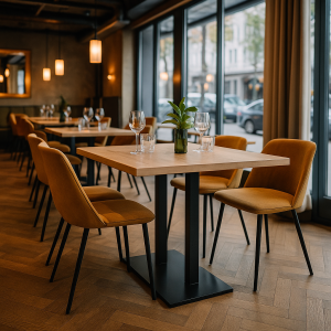 Super-Seat | Houten tafels en zwart metalen onderstellen, mosterdgele stoelen, glas en planten in modern restaurant. | Horecameubilair