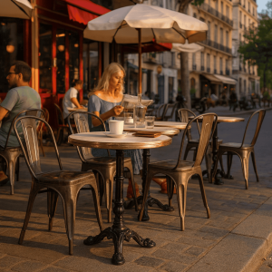 Super-Seat | Zwarte gietijzeren tafels, metalen stoelen op een kasseien straat, vrouw leest onder parasols in de zon. | Horecameubilair