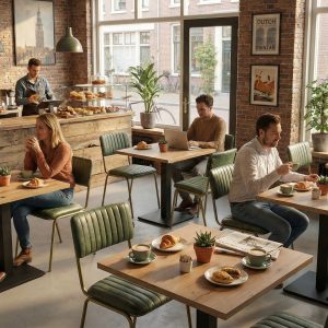 Super-Seat | Zwarte metalen tafelonderstellen, houten tafels, stoelen en barkrukken, veel licht en planten. | Horecameubilair