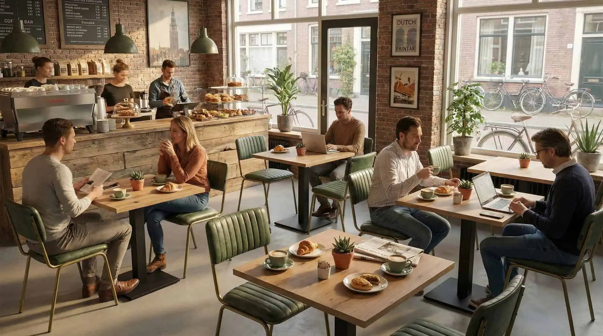 Super-Seat | Zwarte metalen tafelonderstellen, houten tafels, stoelen en barkrukken, veel licht en planten. | Horecameubilair