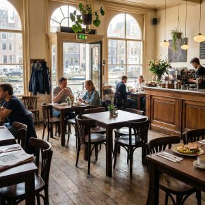 Super-Seat | Café met houten tafels, zwarte stalen onderstellen, houten stoelen, veel licht en planten. | Horecameubilair