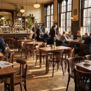 Super-Seat | Houten tafels, zwarte metalen onderstellen, mensen eten, zonlicht en planten in de zaak. | Horecameubilair