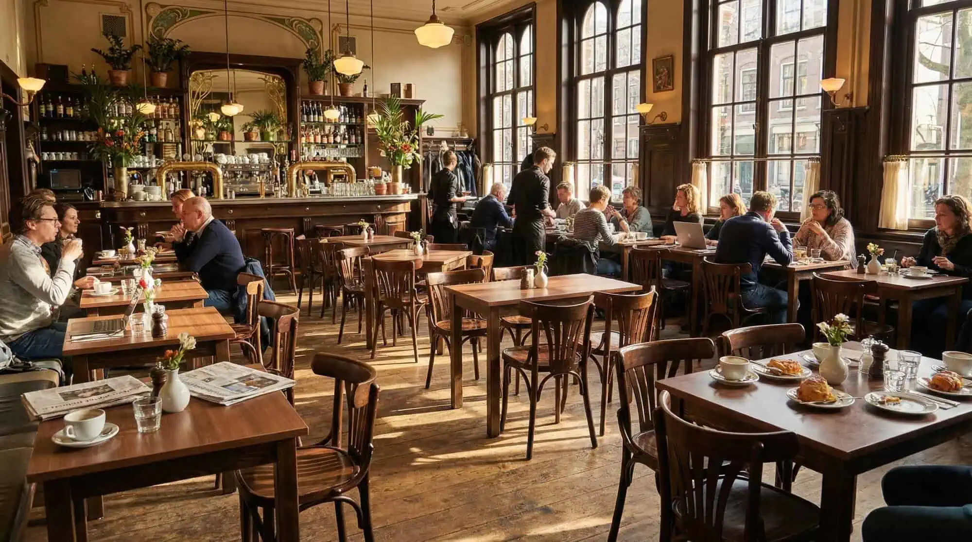 Super-Seat | Houten tafels, zwarte metalen onderstellen, mensen eten, zonlicht en planten in de zaak. | Horecameubilair