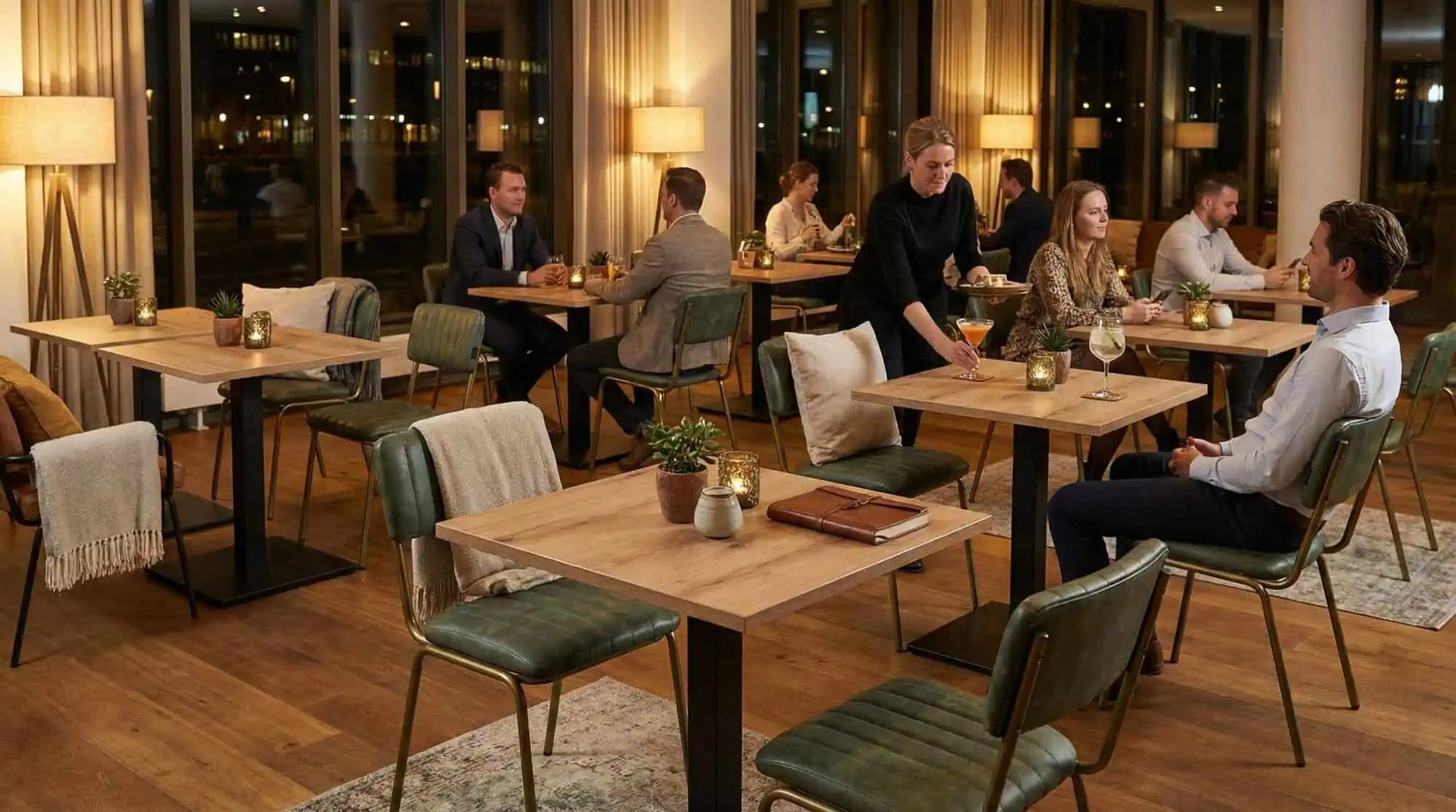 Super-Seat | Zwarte metalen bistrotafels, houten stoelen en warme sfeerverlichting in een modern restaurant. | Horecameubilair