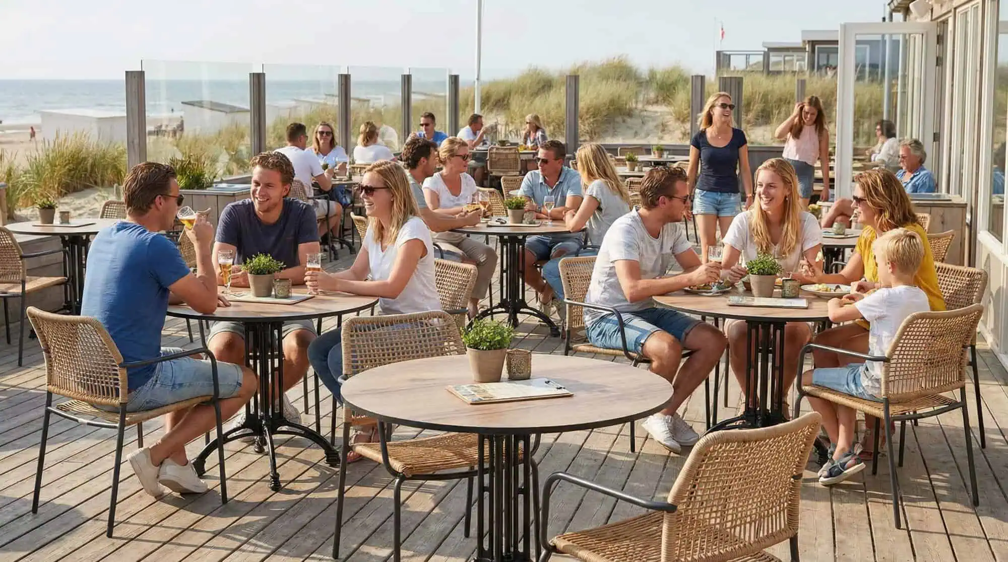 Super-Seat | Gietijzeren 4 tieners terras tafelonderstellen Parijs zwart Zwarte gietijzeren terrastafels, houten dek, gasten zitten en drinken, planten op tafels. | Horecameubilair