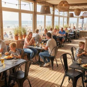 Super-Seat | Gietijzeren 3 tieners (terras) tafelonderstellen Parijs zwart Zwarte gietijzeren tafel, lichte stoelen, strand en zeezicht. | Horecameubilair