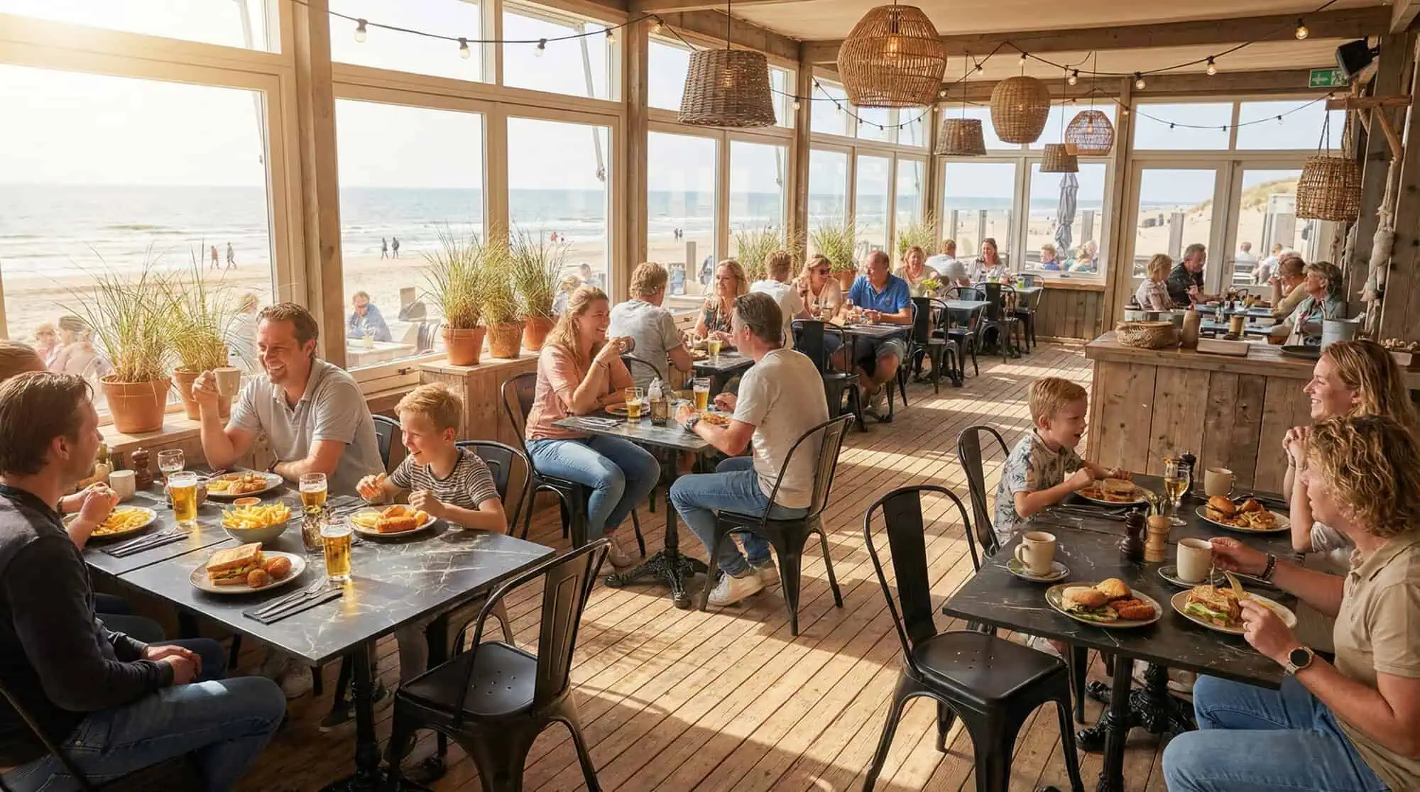 Super-Seat | Gietijzeren 3 tieners (terras) tafelonderstellen Parijs zwart Zwarte gietijzeren tafel, lichte stoelen, strand en zeezicht. | Horecameubilair