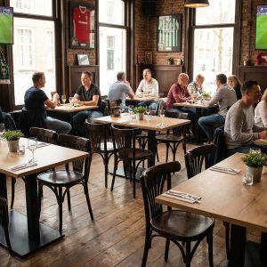 Super-Seat | Houten tafels, zwarte onderstellen, houten stoelen, barkrukken in lichte ruimte. | Horecameubilair