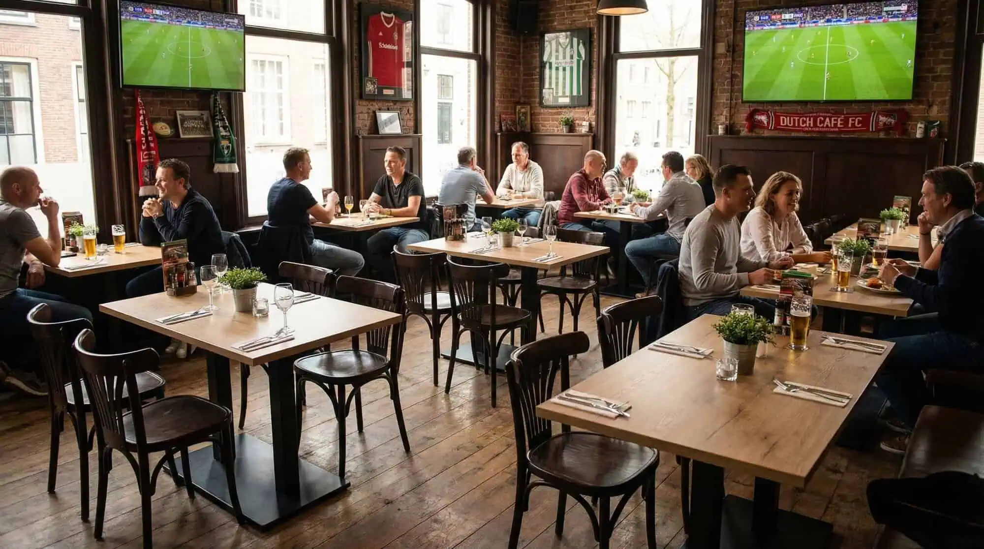 Super-Seat | Houten tafels, zwarte onderstellen, houten stoelen, barkrukken in lichte ruimte. | Horecameubilair