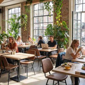 Super-Seat | Houten tafels, zwarte metalen onderstellen, groene planten, stoelen en barkrukken in café. | Horecameubilair