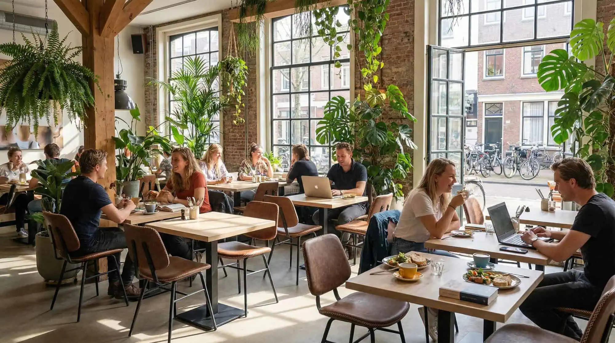Super-Seat | Houten tafels, zwarte metalen onderstellen, groene planten, stoelen en barkrukken in café. | Horecameubilair