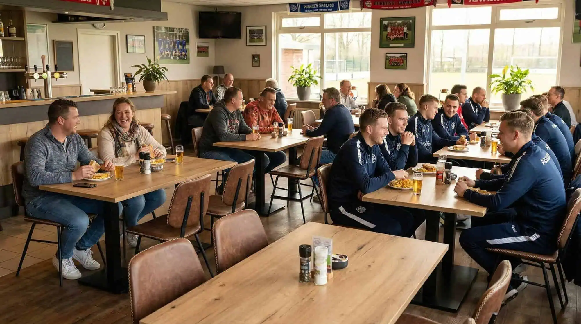 Super-Seat | Design Bistro Tafelonderstellen Dubbel Zwart | Zwarte metalen tafelonderstellen, houten tafels, stoelen; lichte sportieve ruimte. | Horecameubilair