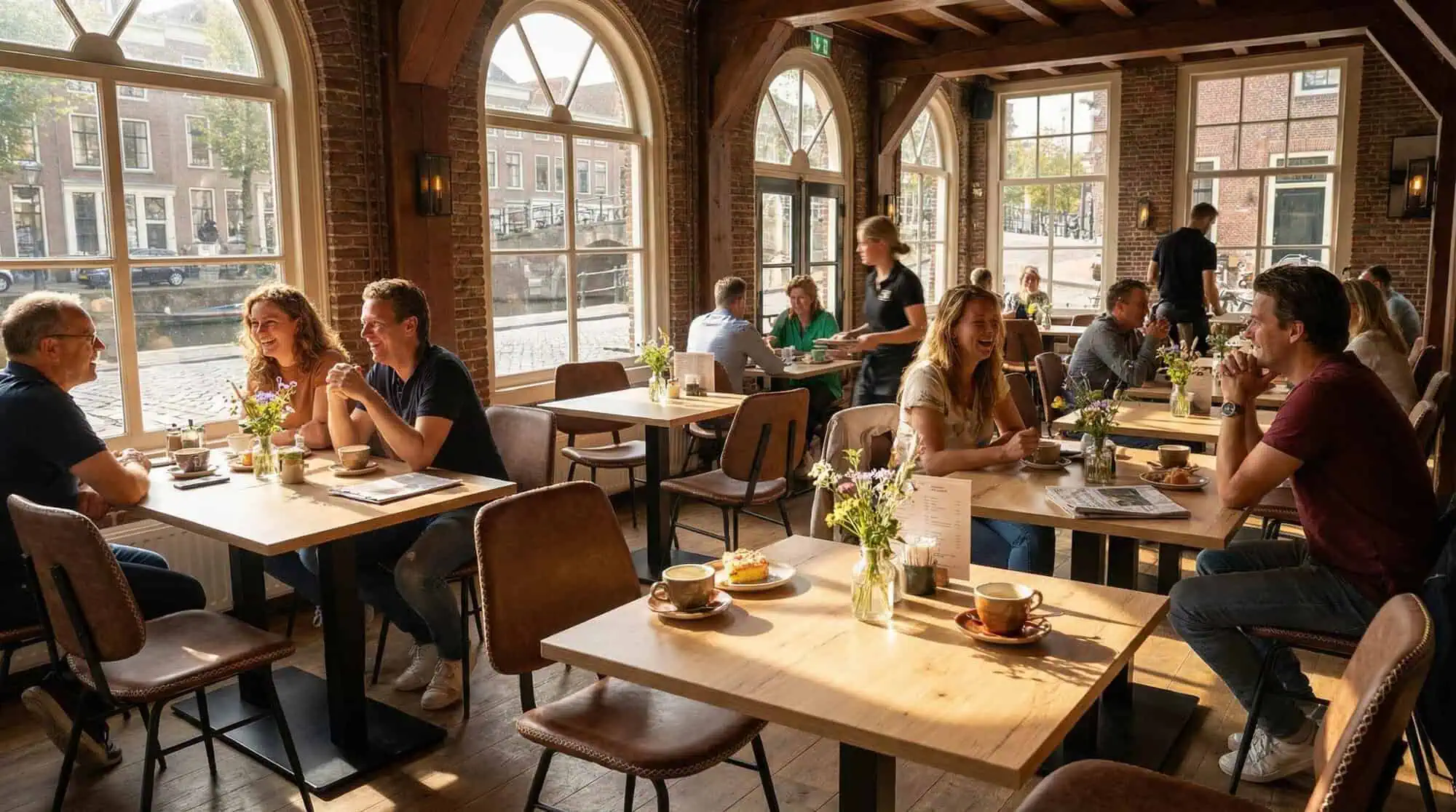 Super-Seat | Design Bistro Tafelonderstellen Dubbel Zwart | Houten stoelen en tafels, metalen zwarte onderstellen, lichte ruimte, grote ramen. | Horecameubilair