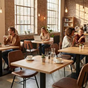 Super-Seat | Zwarte metalen tafelonderstellen, houten tafels, stoelen, bakstenen muren, groot raam. | Horecameubilair